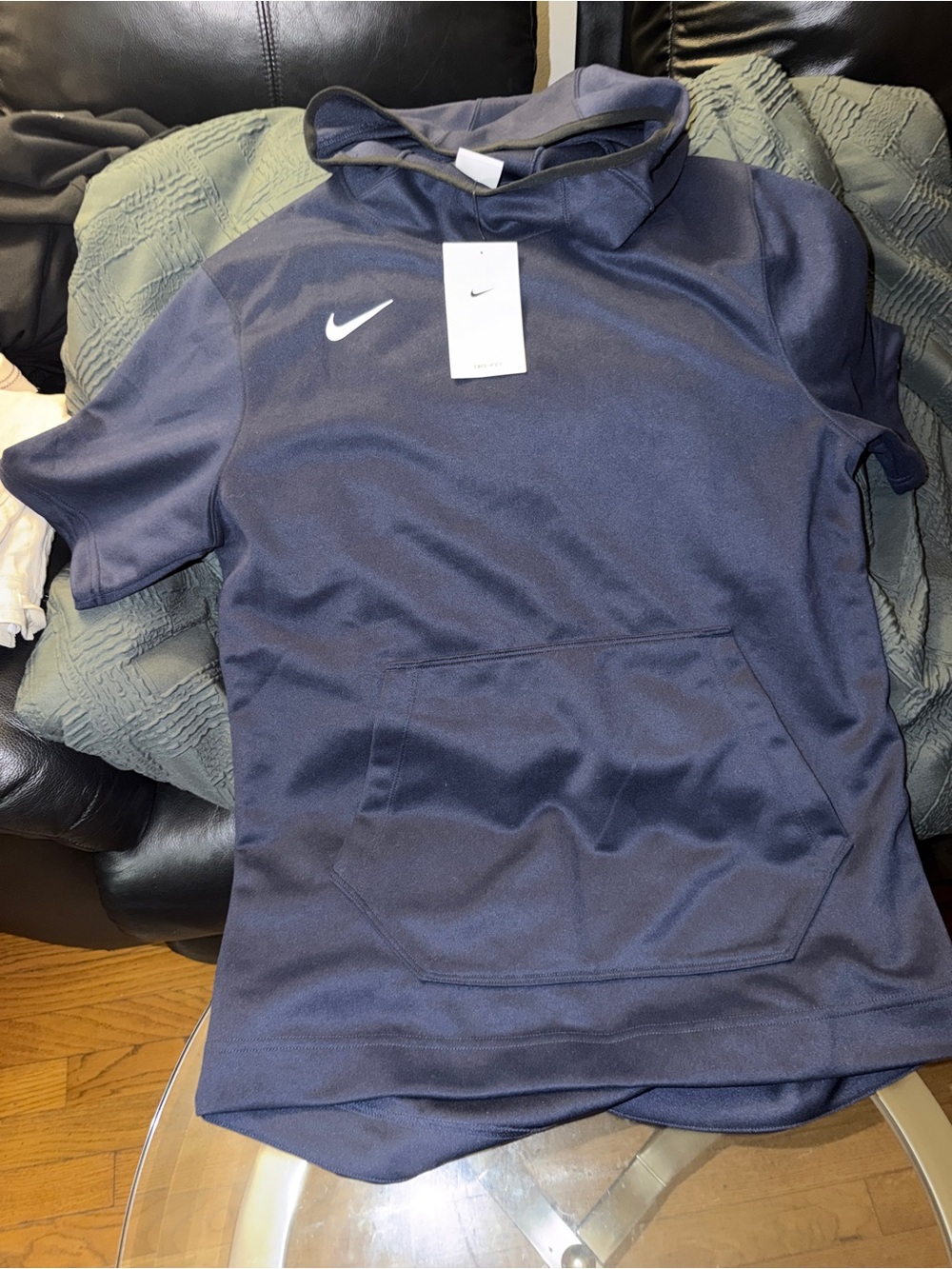 Nike Youth Navy Short-Sleeve Hoodie with White Swoosh